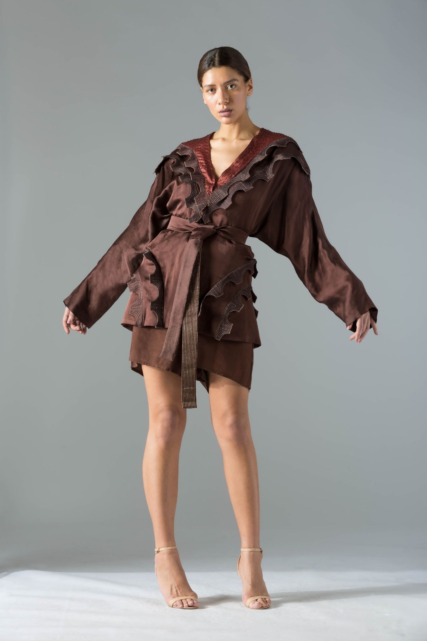 Luxury satin robe for women with elegant scallop lace details, tieable belt, and batwing wrap design, offering an elegant and chic look