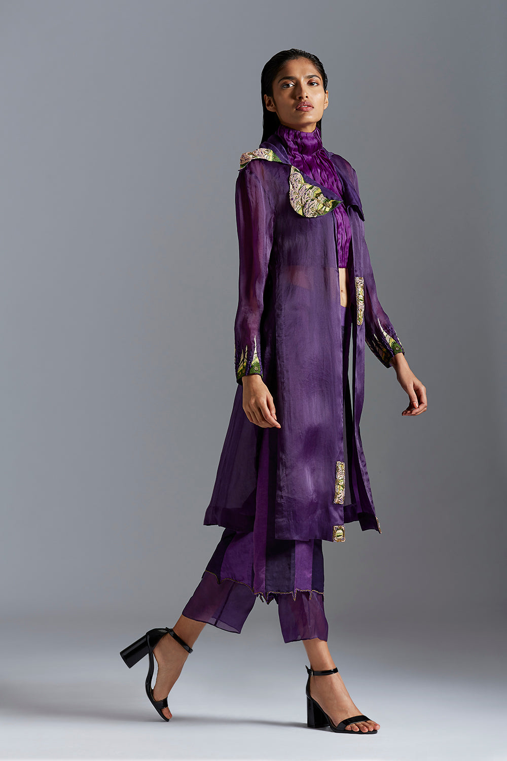 Carpet long jacket and top pant set for women, featuring French knot embroidery, ruched crop top, and color-blocked pants for a chic look