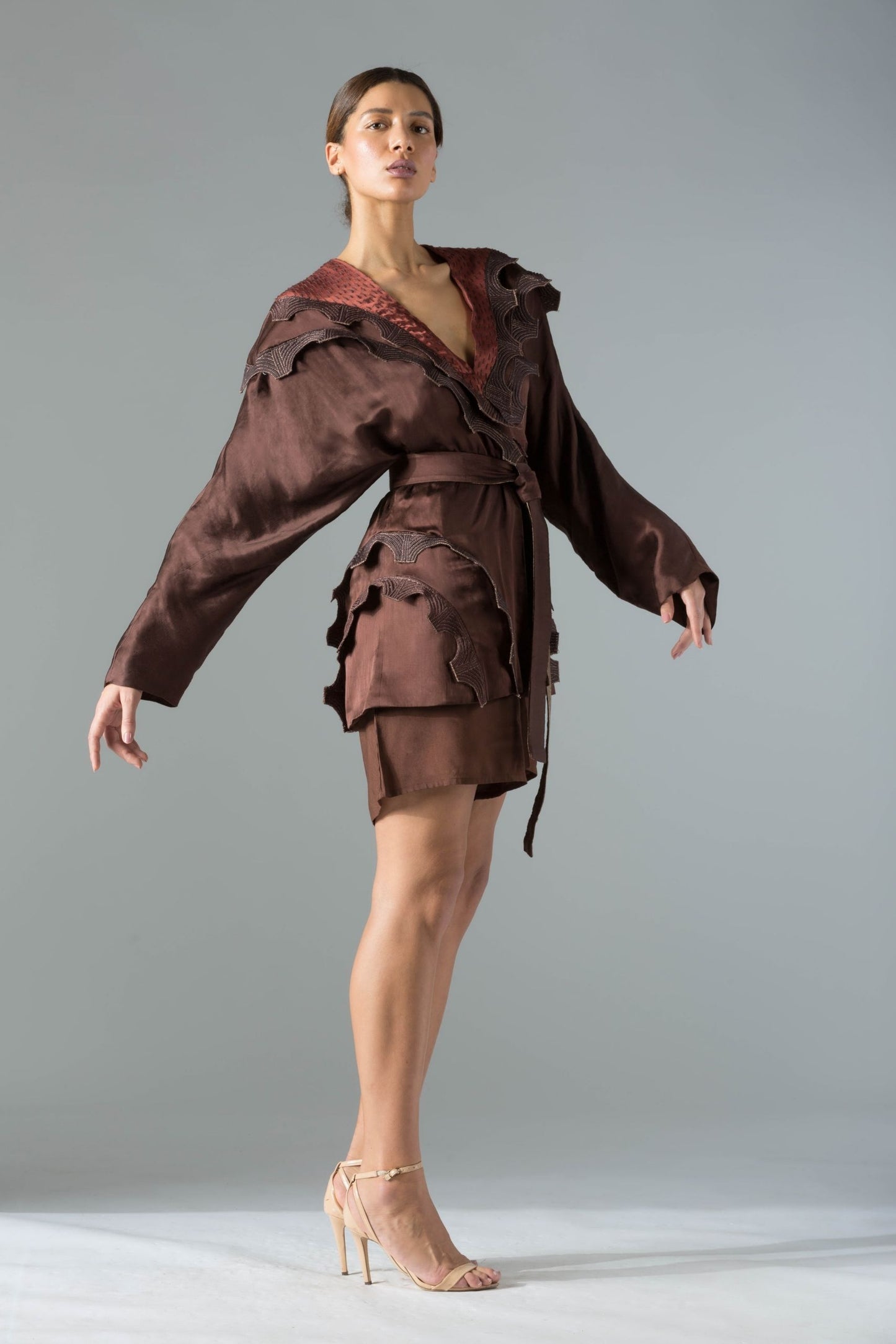 Luxury satin robe for women with batwing wrap design, scallop lace details, and a tieable belt, offering elegance and comfort
