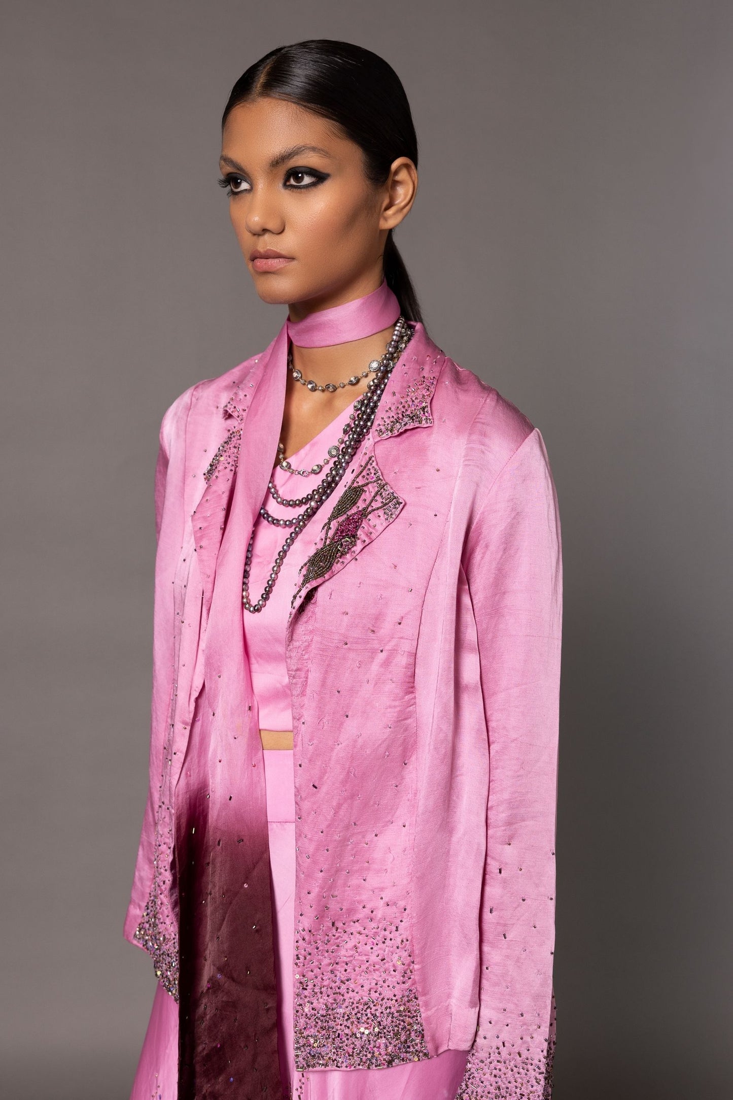 Close-up of Beaded Jacket Detail on Embroidered Desert Rose Lehenga Set