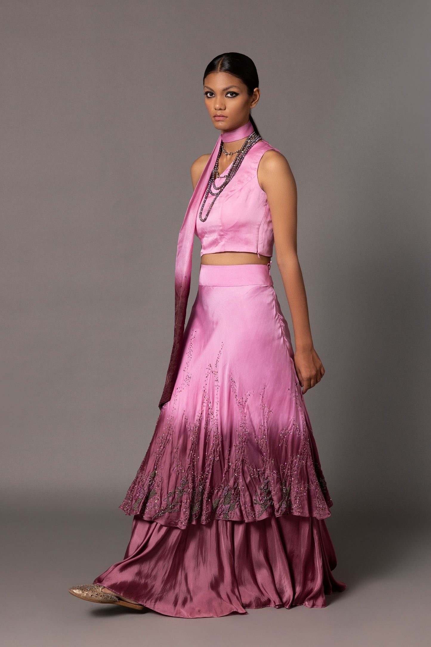 Desert Rose Lehenga Set Worn by Model - Modern Designer Lehenga and Ombre Skirt