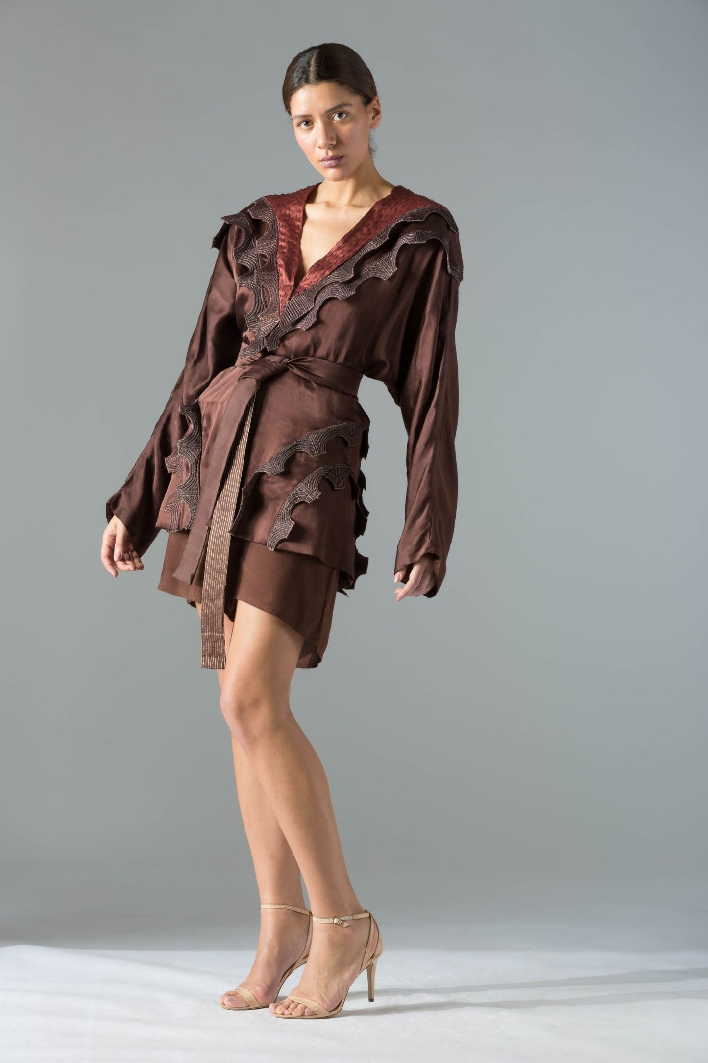 Full view of the luxury satin robe for women, showcasing the elegant batwing wrap style and tieable belt for a chic silhouette