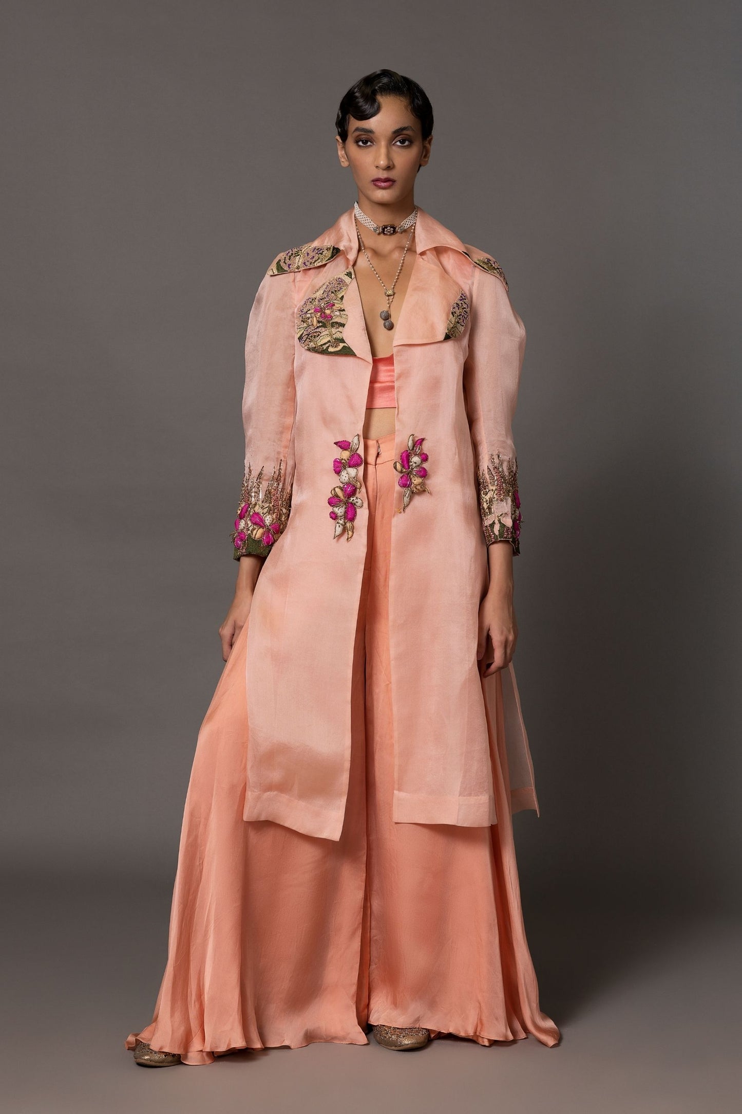 Minakari Pink Carpet Embroidered Jacket for Women featuring hand-embroidered lapels and 3D floral waist detailing, perfect for a stylish look
