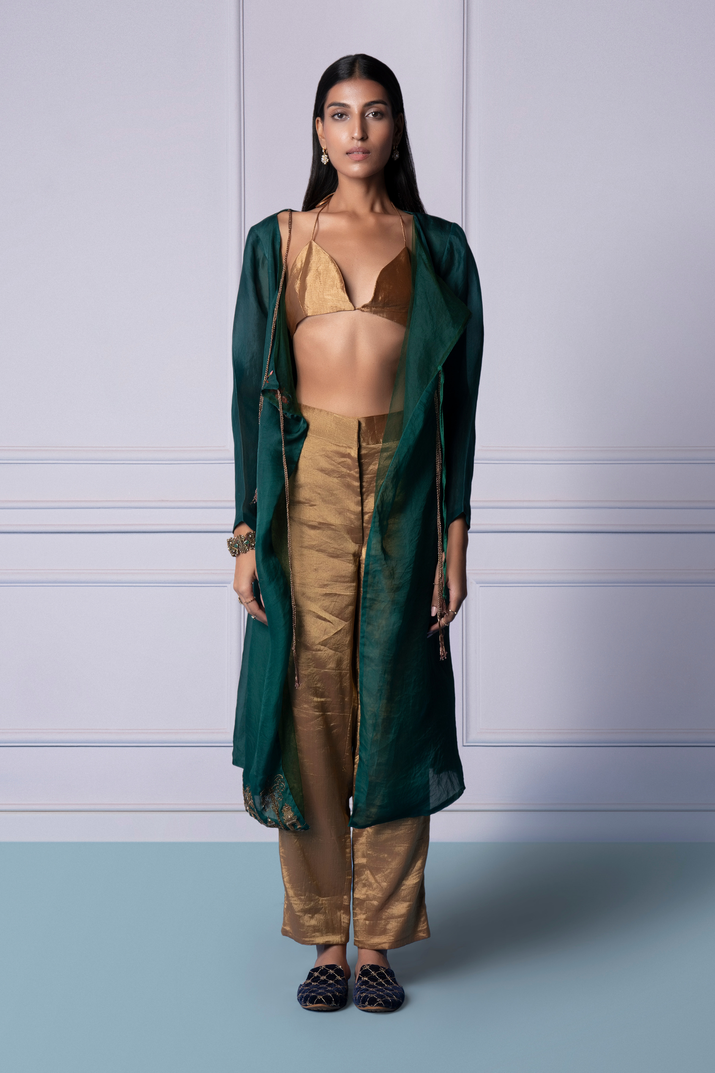 Namib Angrakha kurta set with metallic floral embroidery, paired with Chanderi trousers and a matching bralette for women