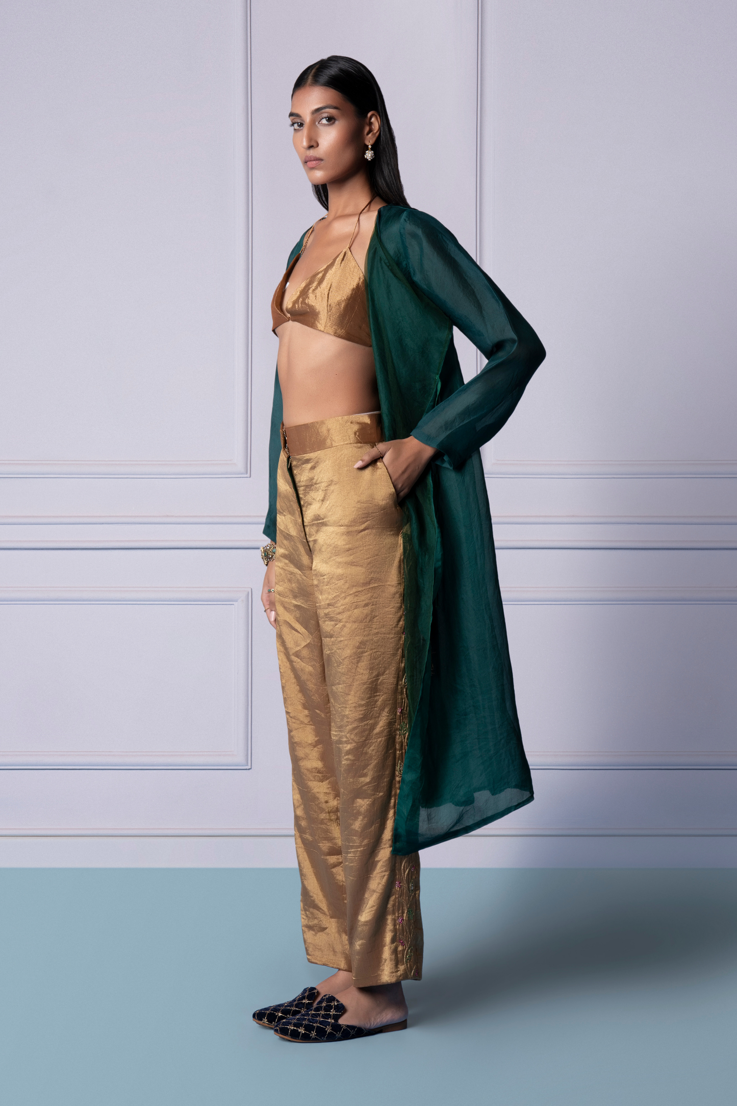 Side view of Namib Angrakha kurta set with metallic embroidery, Chanderi trousers, and bralette