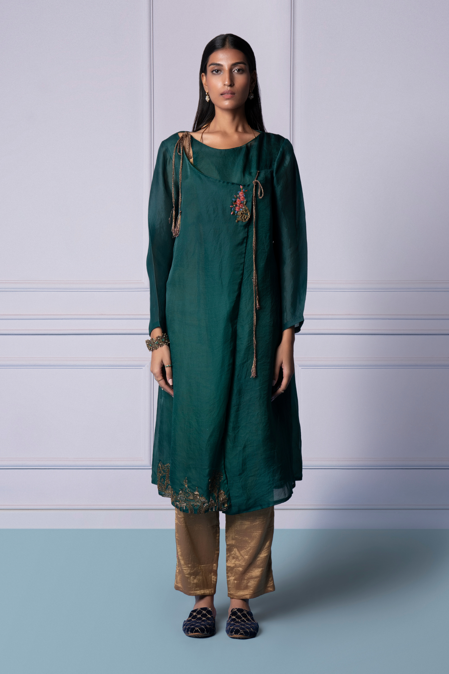 Namib Angrakha kurta with metallic floral embroidery and Chanderi trousers for women