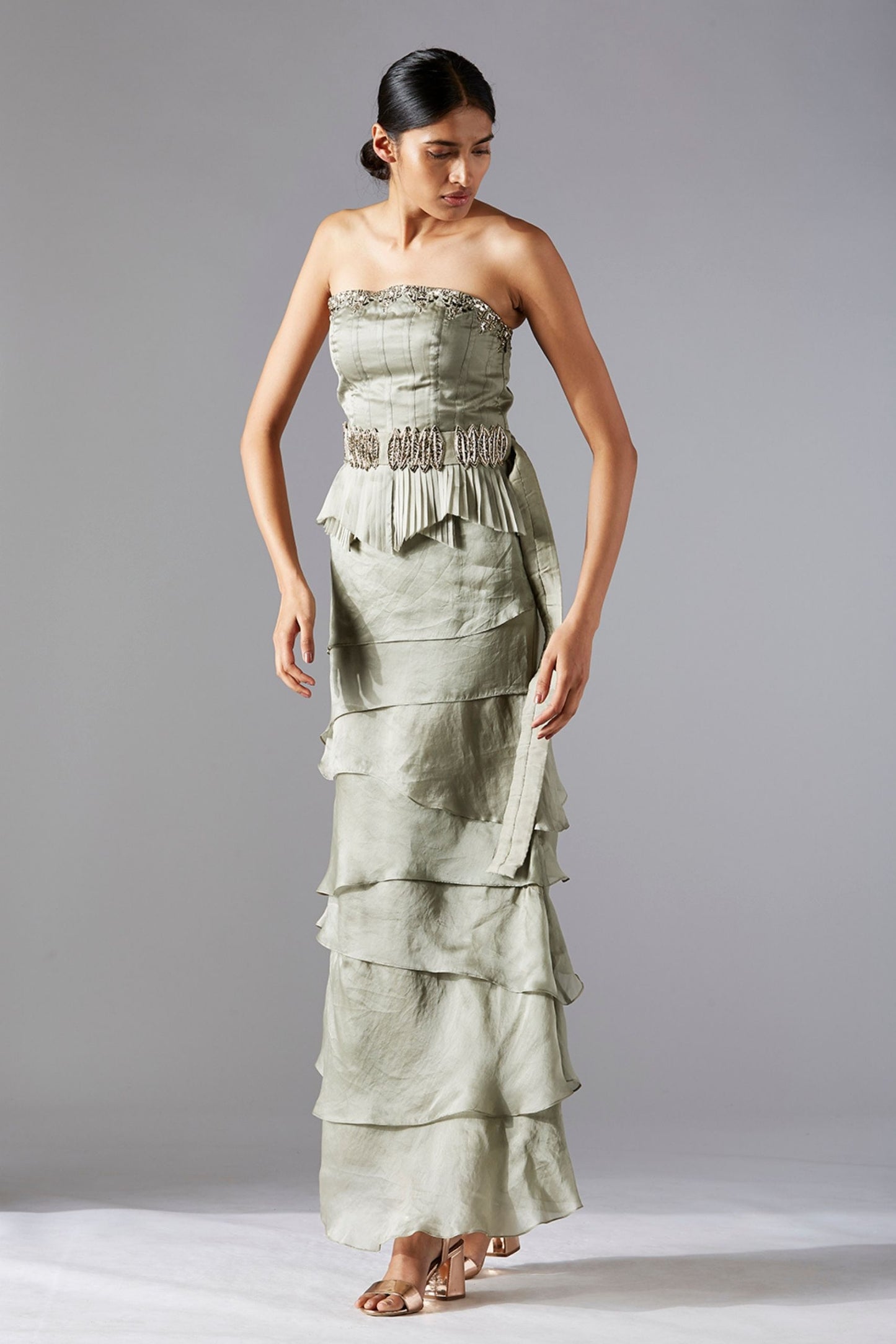 Corset and skirt set for women with strapless gown and cascading pleated layers in satin organza