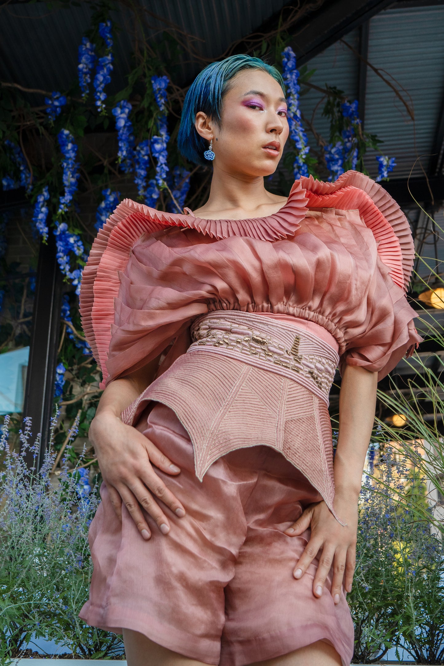 Front view of the mushroom-inspired design and pleating on the top, capturing the fine craftsmanship of the satin organza