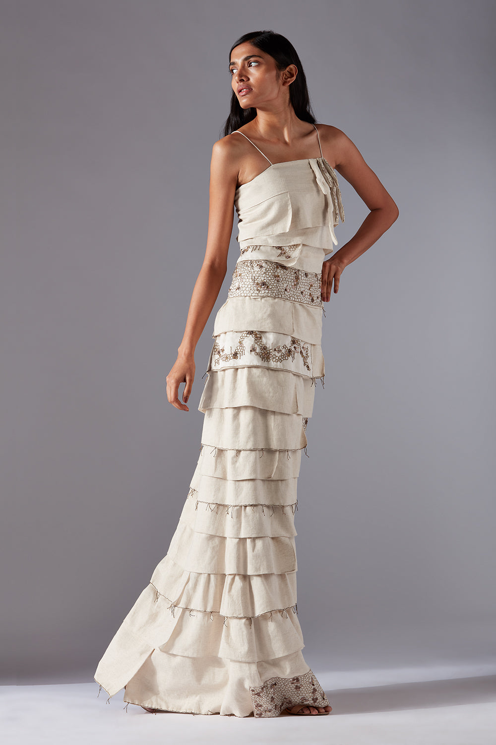 Designer gown for women with honeycomb handwork and sleek bandage design, made with organic khadi for a modern look