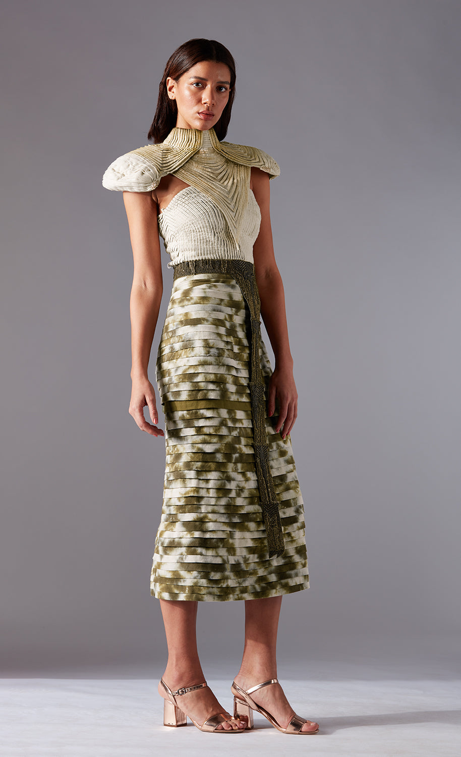 Armor corset and skirt set with hand-painted sash and intricate beaded belt for bold style