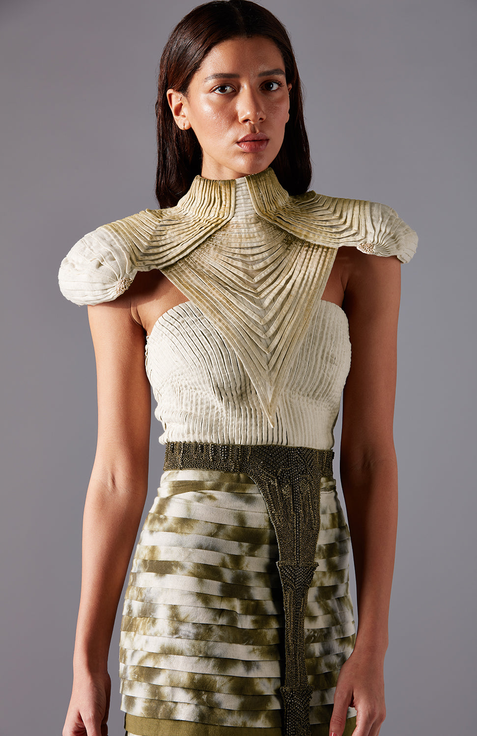 Close-up of hand-painted sash and beaded belt on corset skirt set