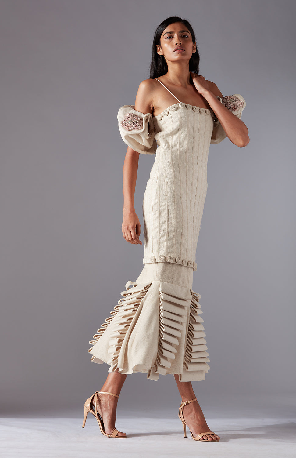 Wood Crust Chimes couture dress in natural khadi with rose detailing and lamp silhouette for luxury elegance