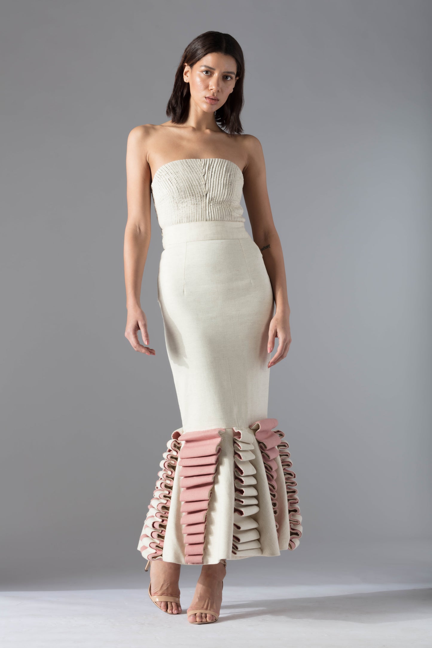 Lamp Chime Skirt in couture fashion with sculpted lamp silhouette in organic khadi