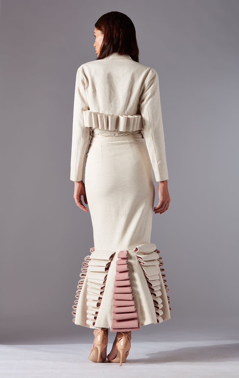 Back view of the Lamp Chime Skirt, emphasizing the couture craftsmanship
