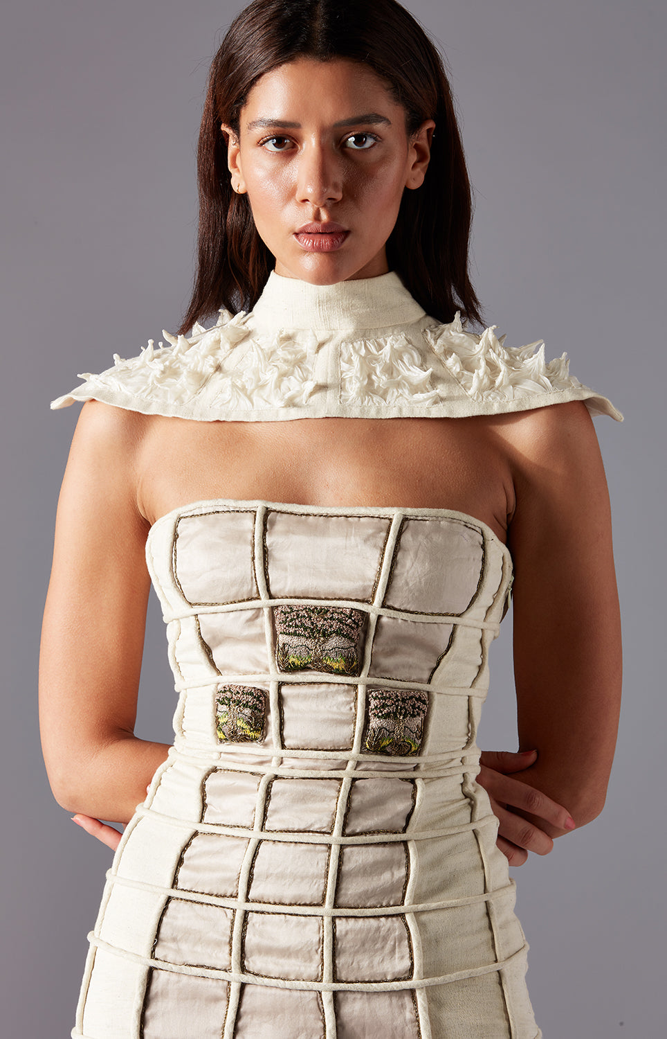 Close-up of the 3D embroidery and rope tile detailing on the Short Dori couture dress