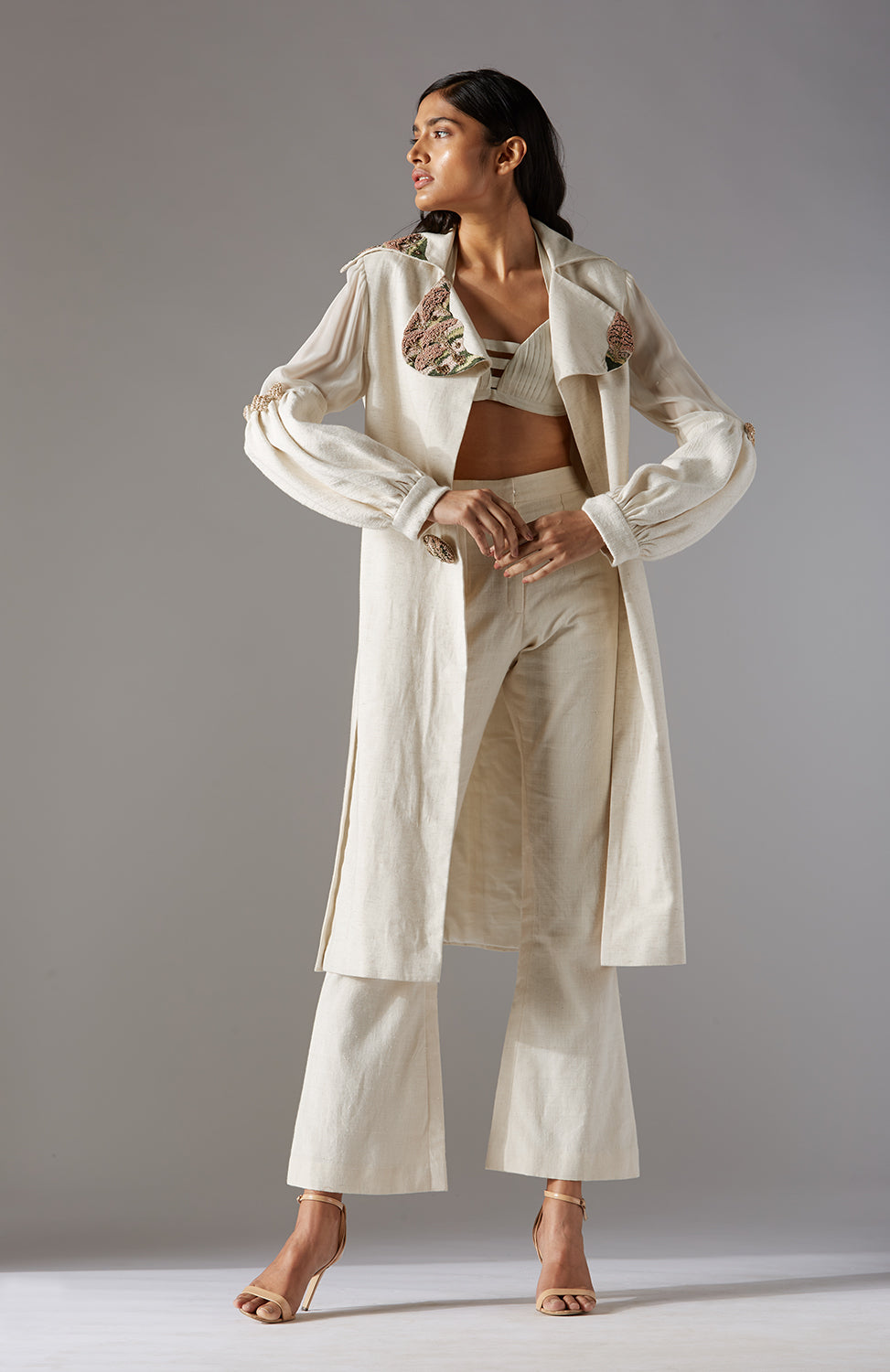 Elegant coat pant for women in natural khadi, paired with a designer bralette for a chic and couture look