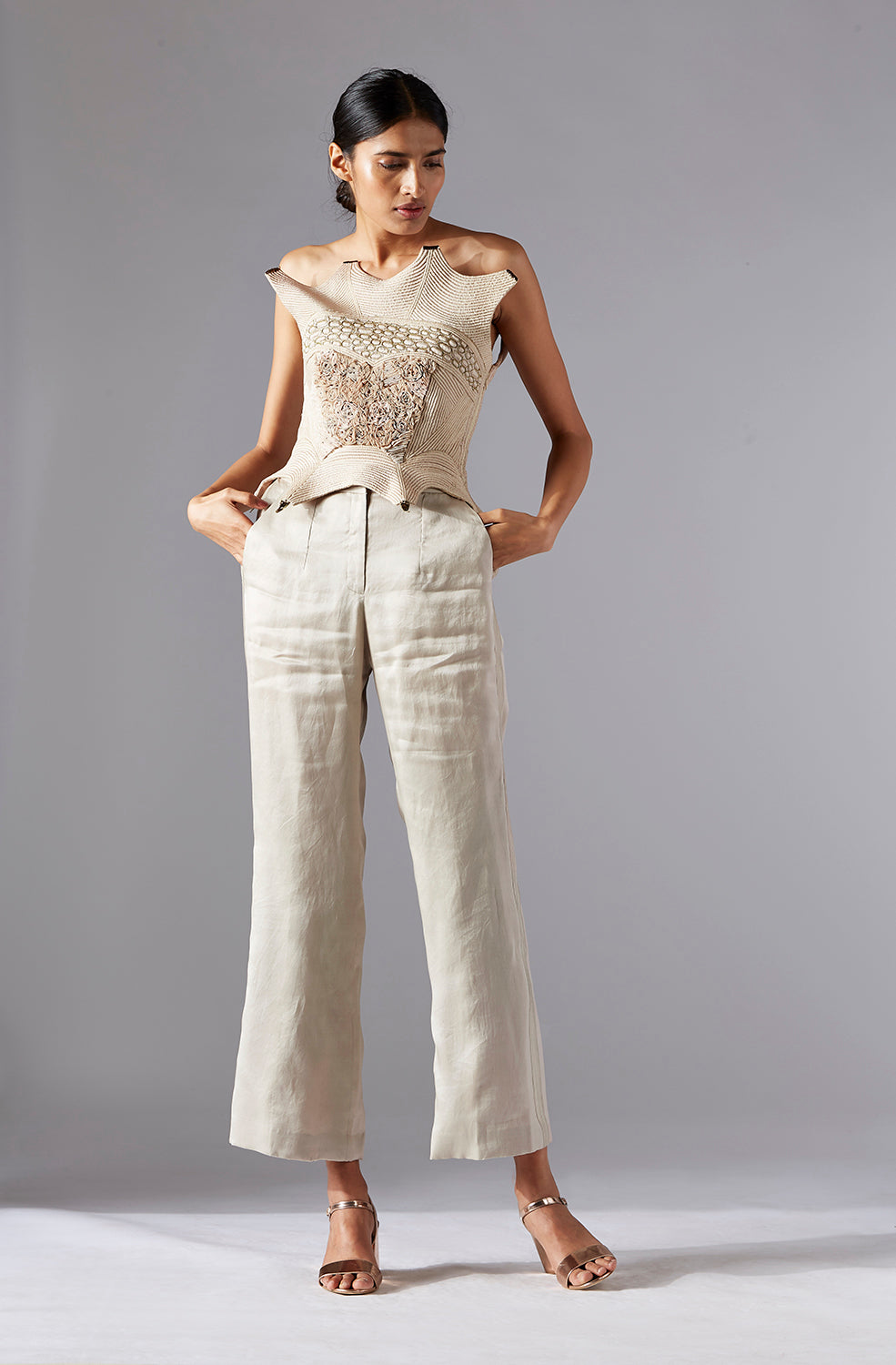 Full-length view of the Dune corset top with organza pants set, offering a complete modern fashion look