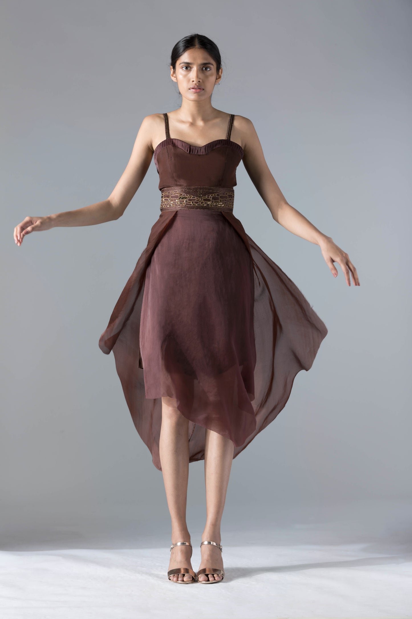 Luxury designer flared corset tea-length dress for women with rope inlay, back cut-out, and modern elegant style