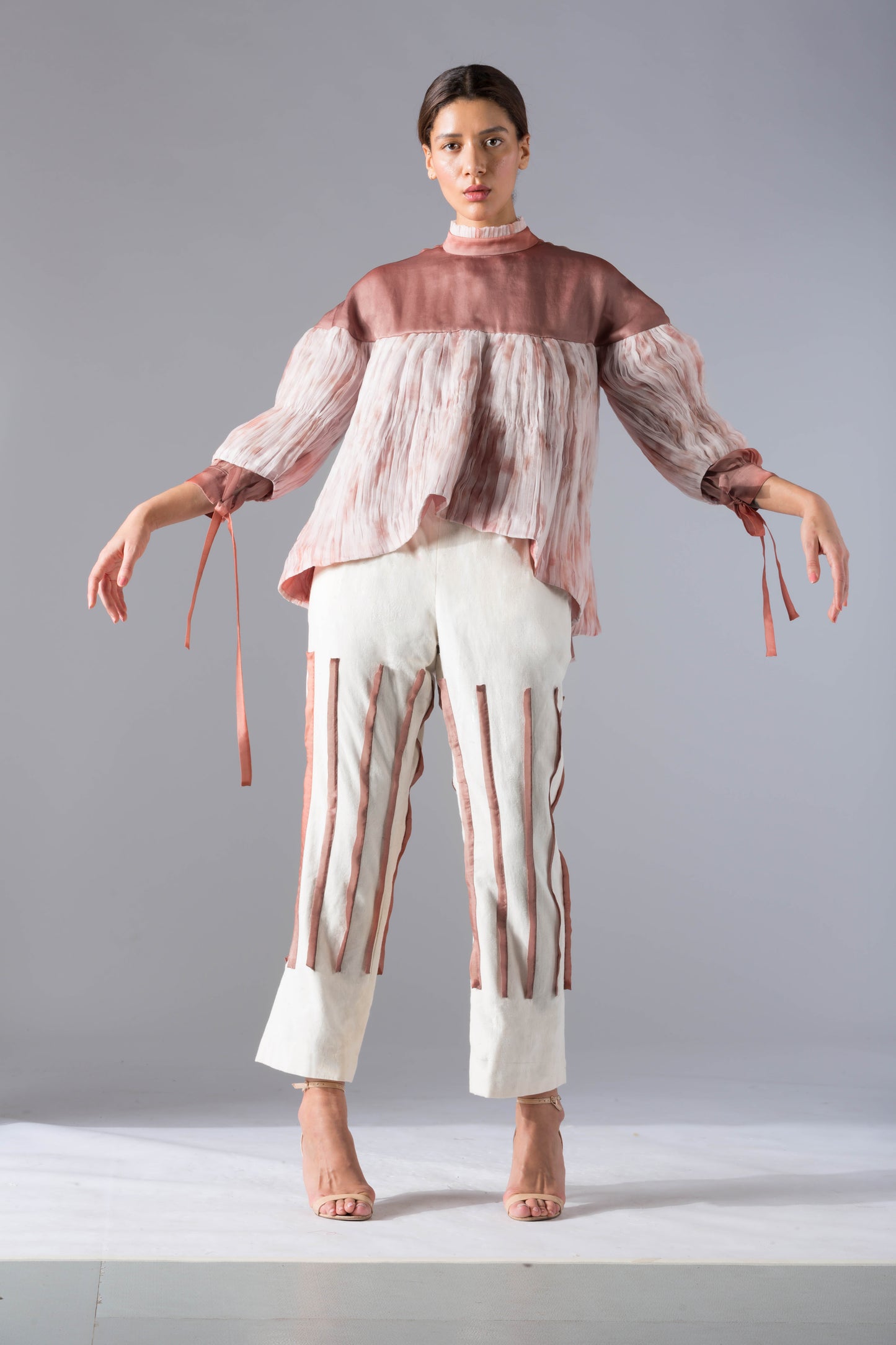 Stylish designer Shroom Shoots co-ords set for women featuring batik top and pleated pants, offering a chic and modern look