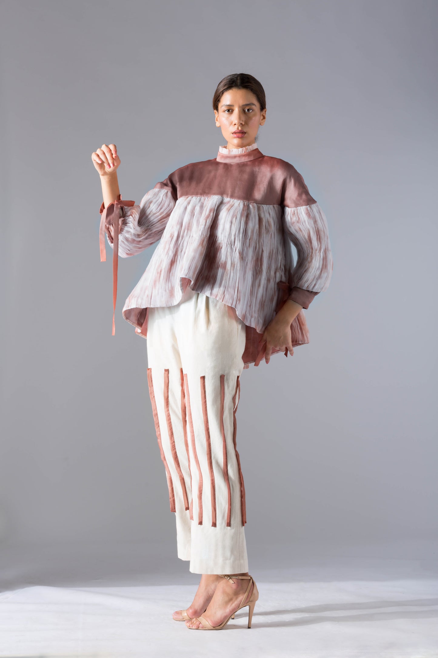 Full view of the stylish Shroom Shoots co-ords set for women, showcasing the batik top and pleated pants for a modern and chic style