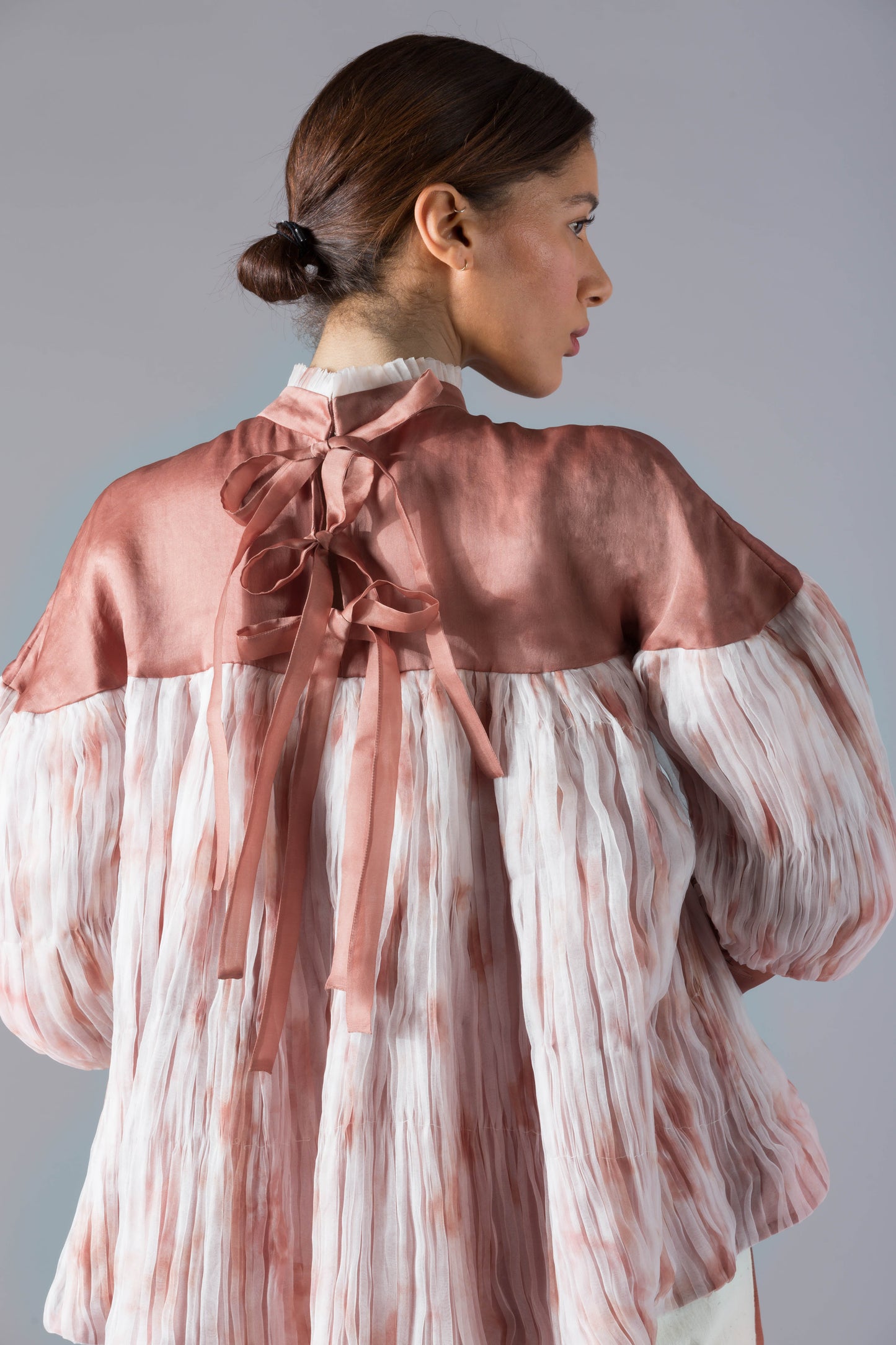 Back view of the batik fabric and pleated details on the Shroom Shoots co-ords set, showcasing the designer quality and modern design
