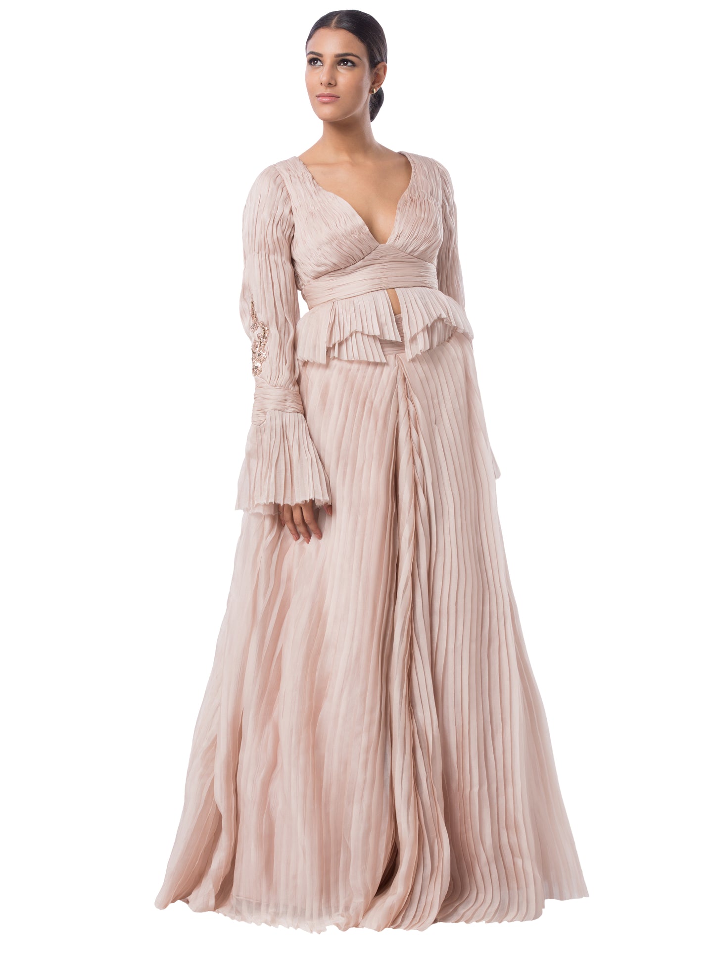 Rouged Top With Peplum With Victorian Sleeves Pleated Ballroom Skirt