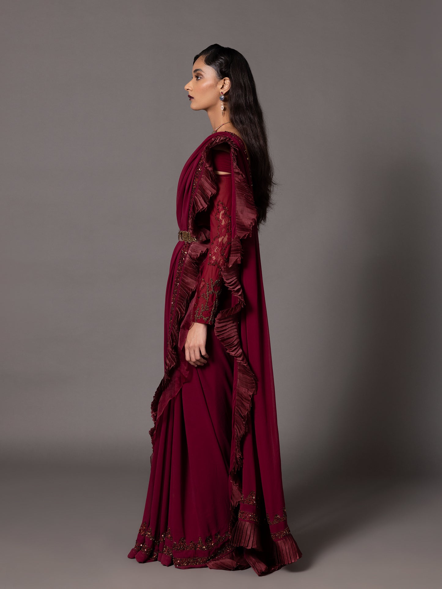 Garnet Maroon Pleated Sequin Sari with blouse