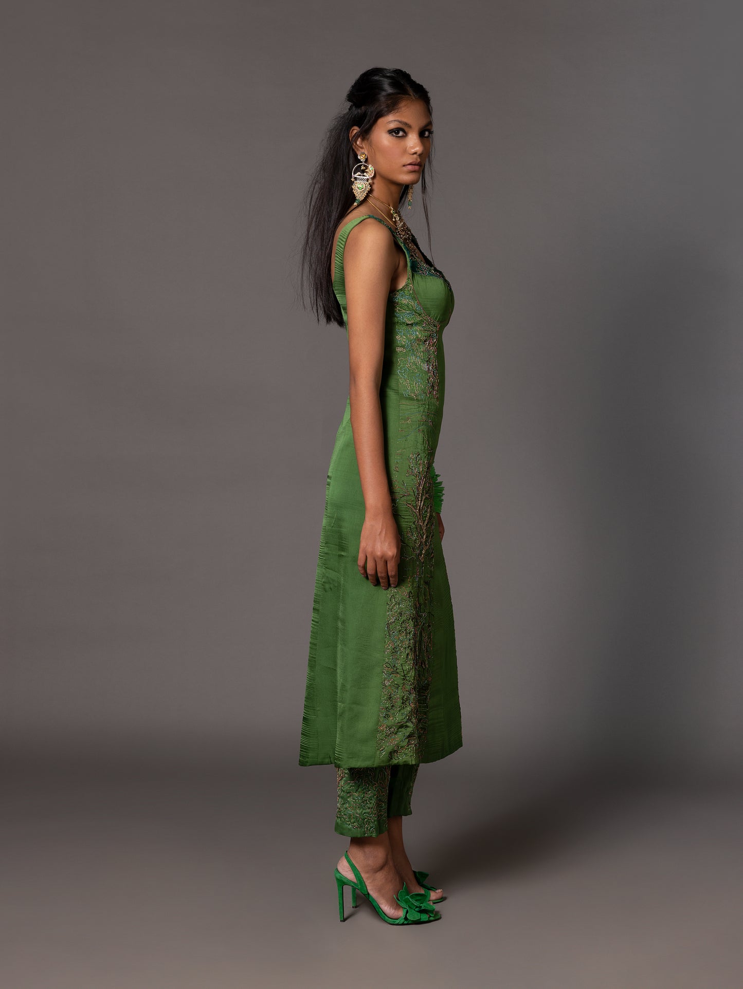 Jaipur Bagh Emerald Green Long Dress And Trousers Set