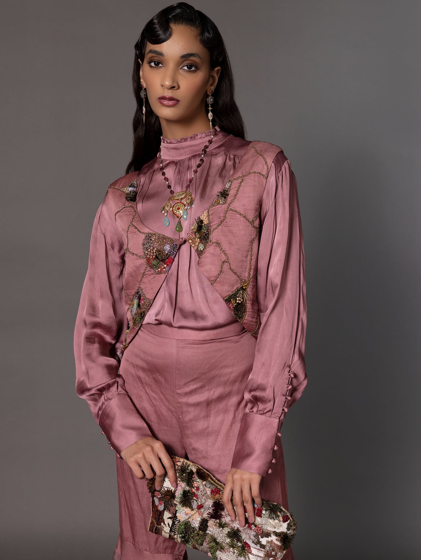 Mesa Pink Jacket, Shirt And Gharara Set