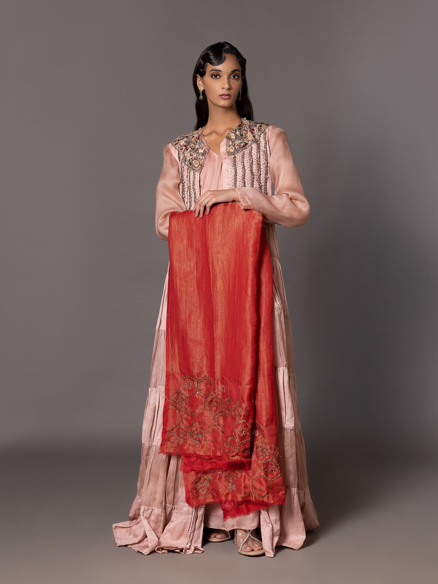 Hand Embroidered Red Pashmina Shawl for Women with Gold Metallic Jharokha Design Details - Stylish Stole for Women