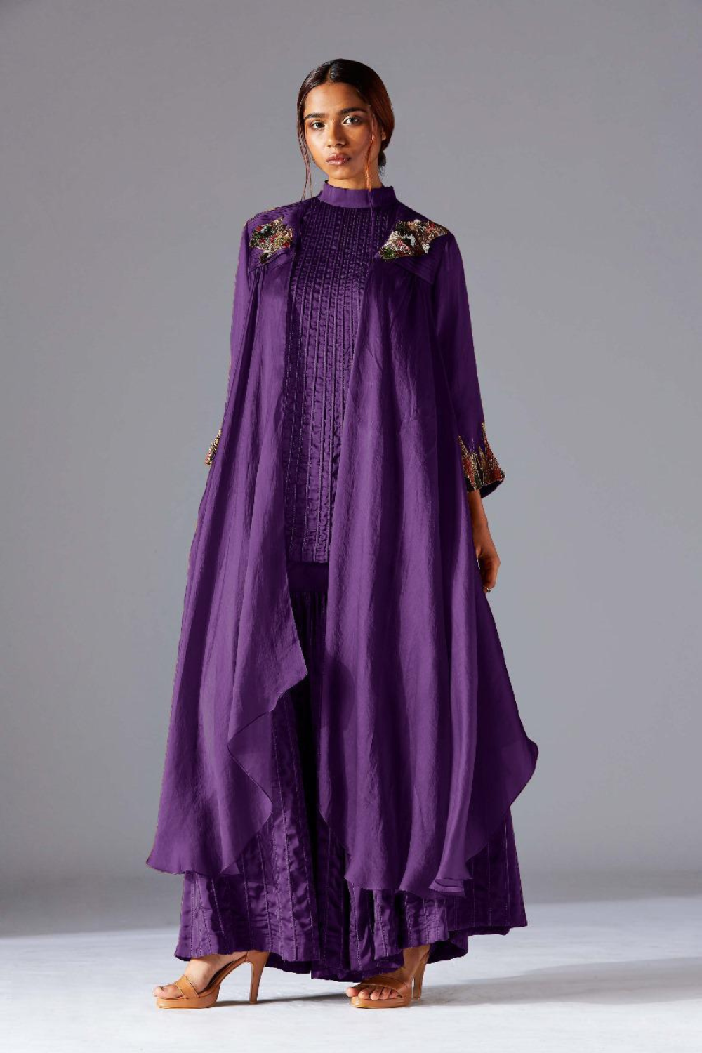 Purple Hamada Halterneck Top With Hamada Sharara and Hamada Cape