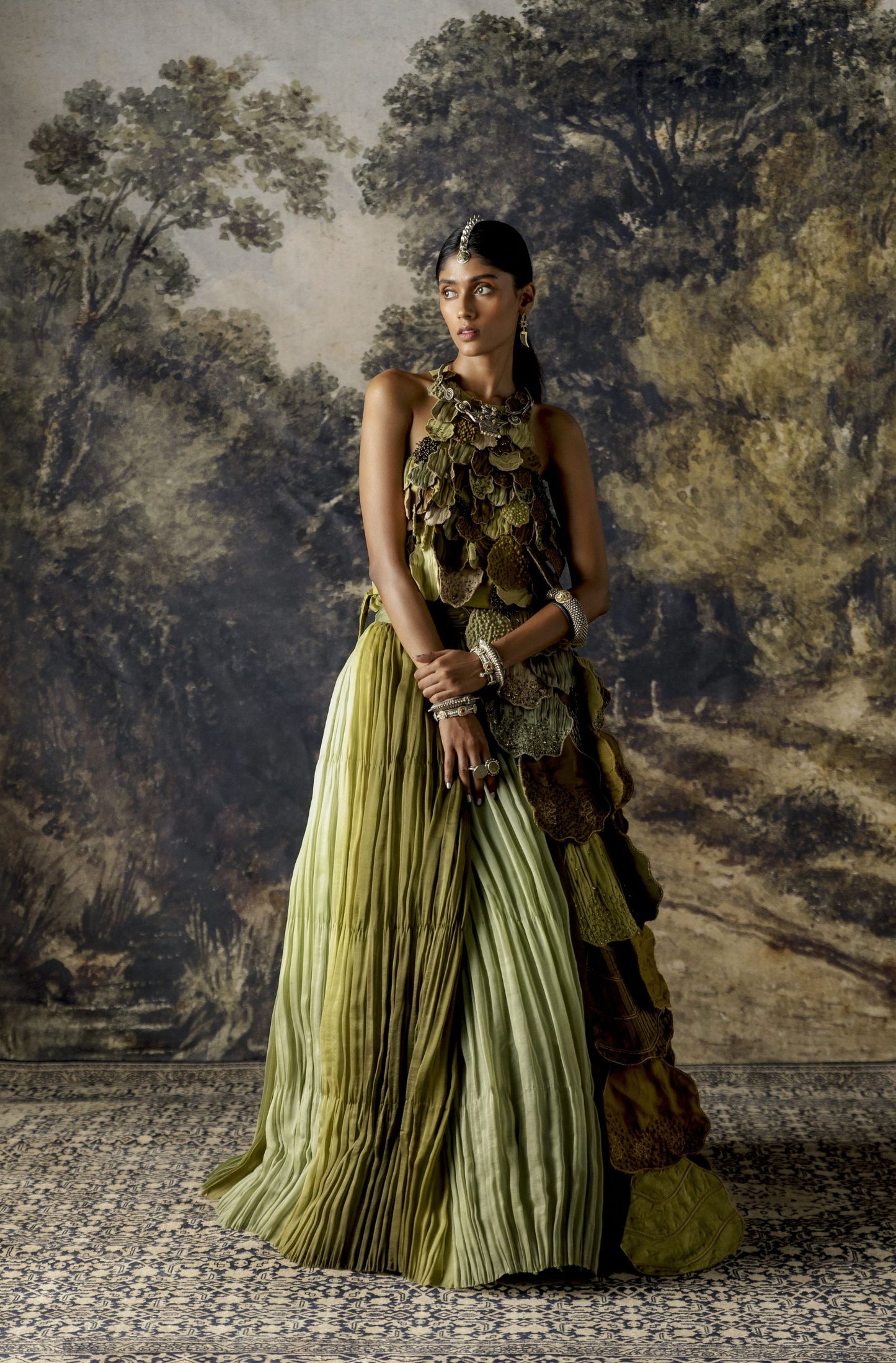 Stunning lehenga set for women with designer blouse and embroidered leaves detail