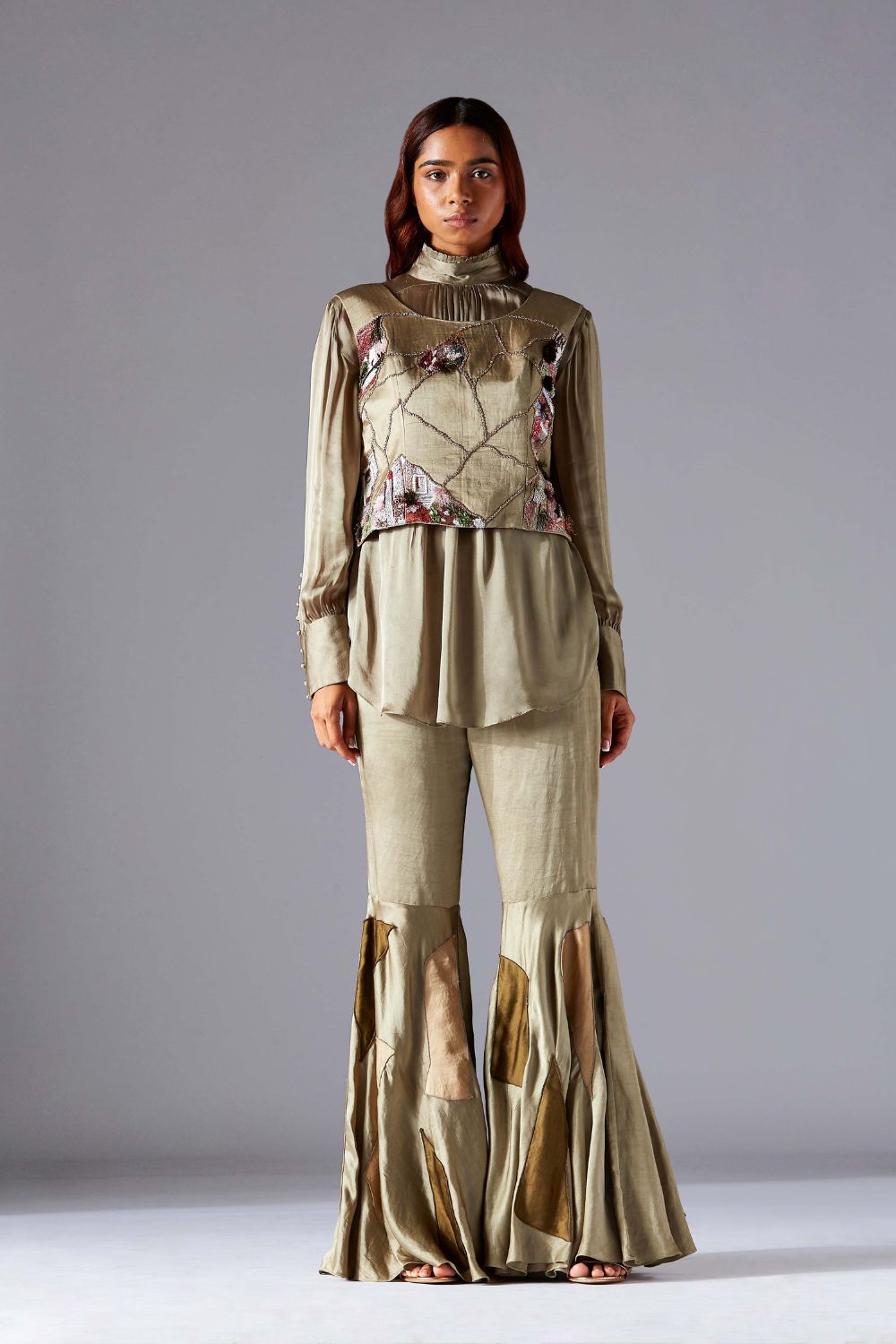 Embroidered Reversible Waistcoat, High-Neck Shirt & Designer Sharara Dress for Women with Flared Style