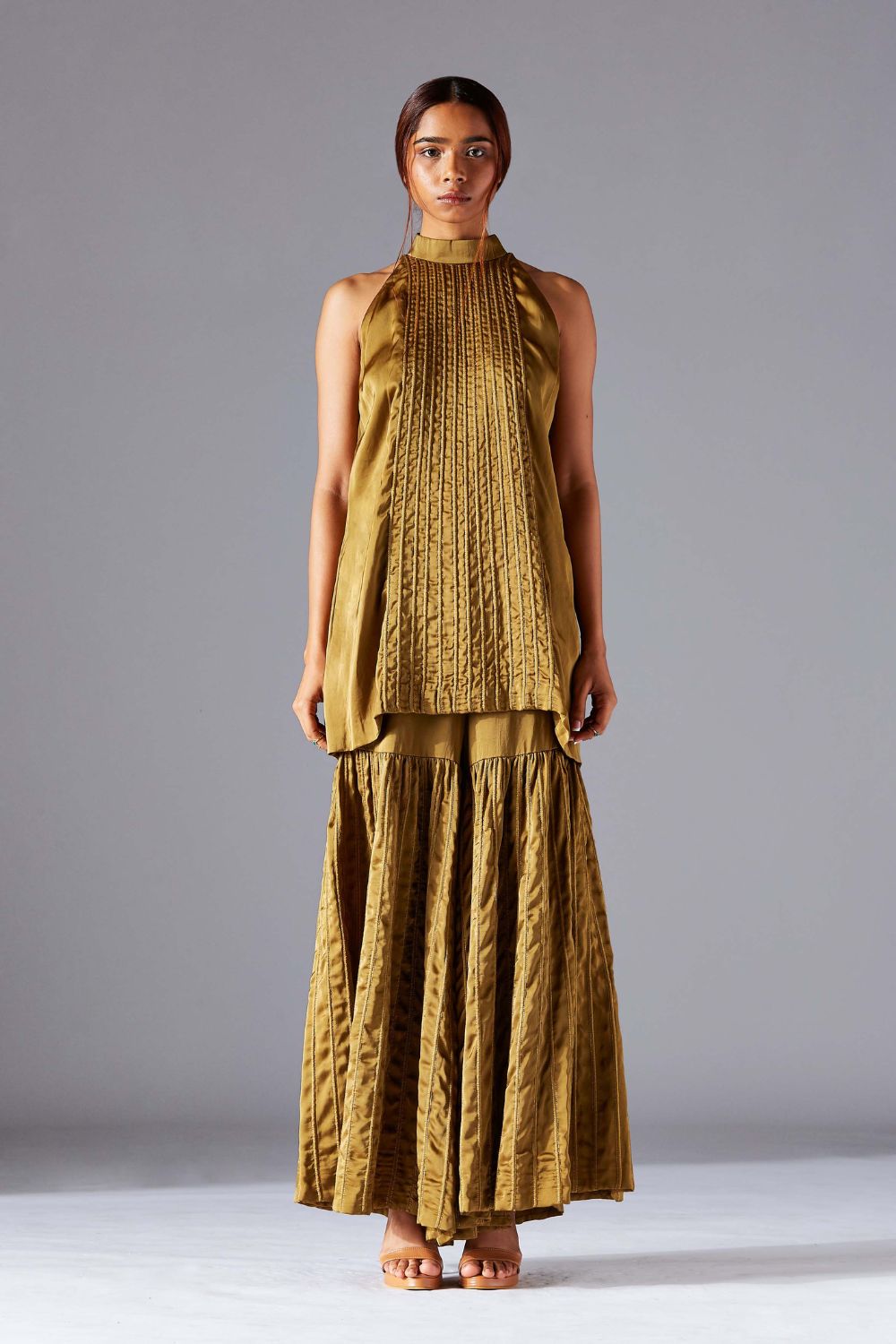 Hamada Halterneck Top and Sharara Dress Set for Women with Dori Handwork and Flared Pants