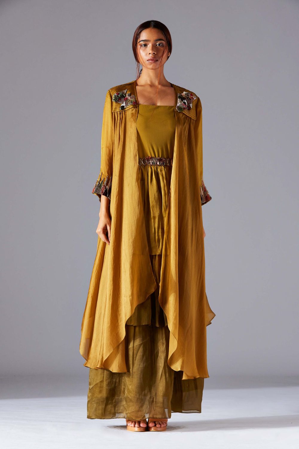 Hamada Cape & 3-Tiered Floor Length Dress Set with Metallic Belt, Perfect for Special Occasions