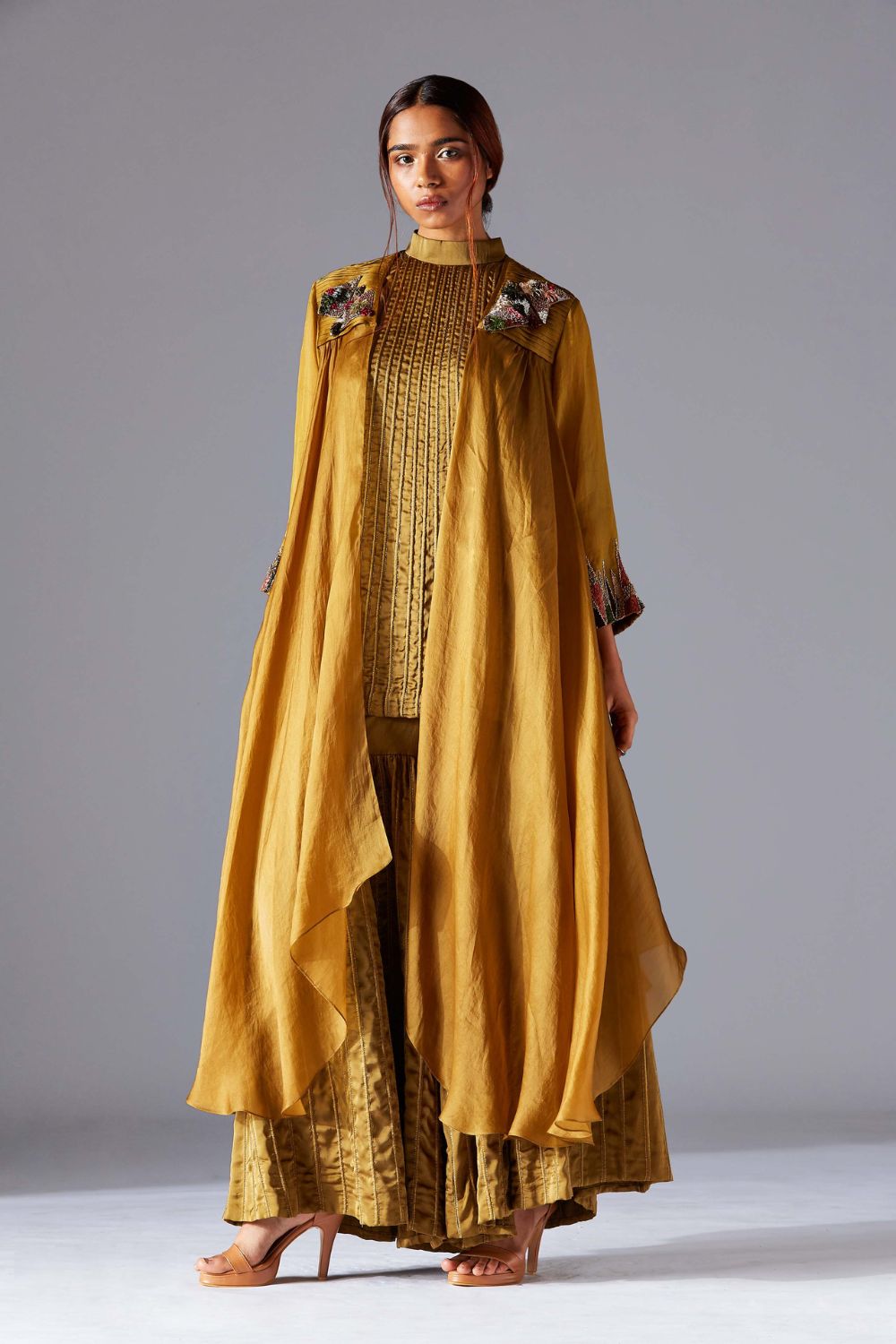 Hamada Halterneck Top, Sharara & Organza Cape Set - Luxury Designer Party Wear for Women