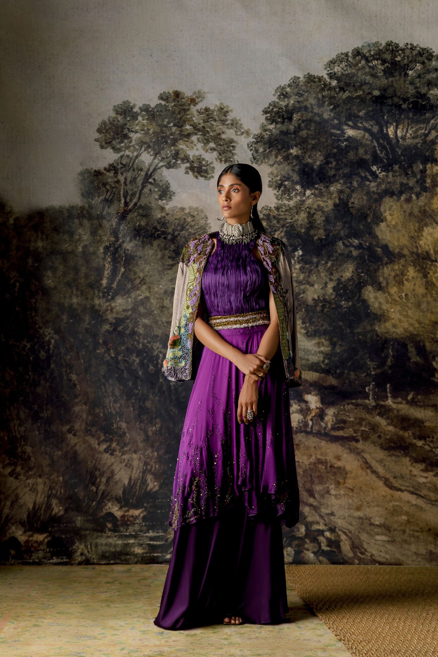 Elysian Iris Lehenga Set with hand-embroidered jacket, ruched top, and two-tier skirt, perfect for elegant occasions