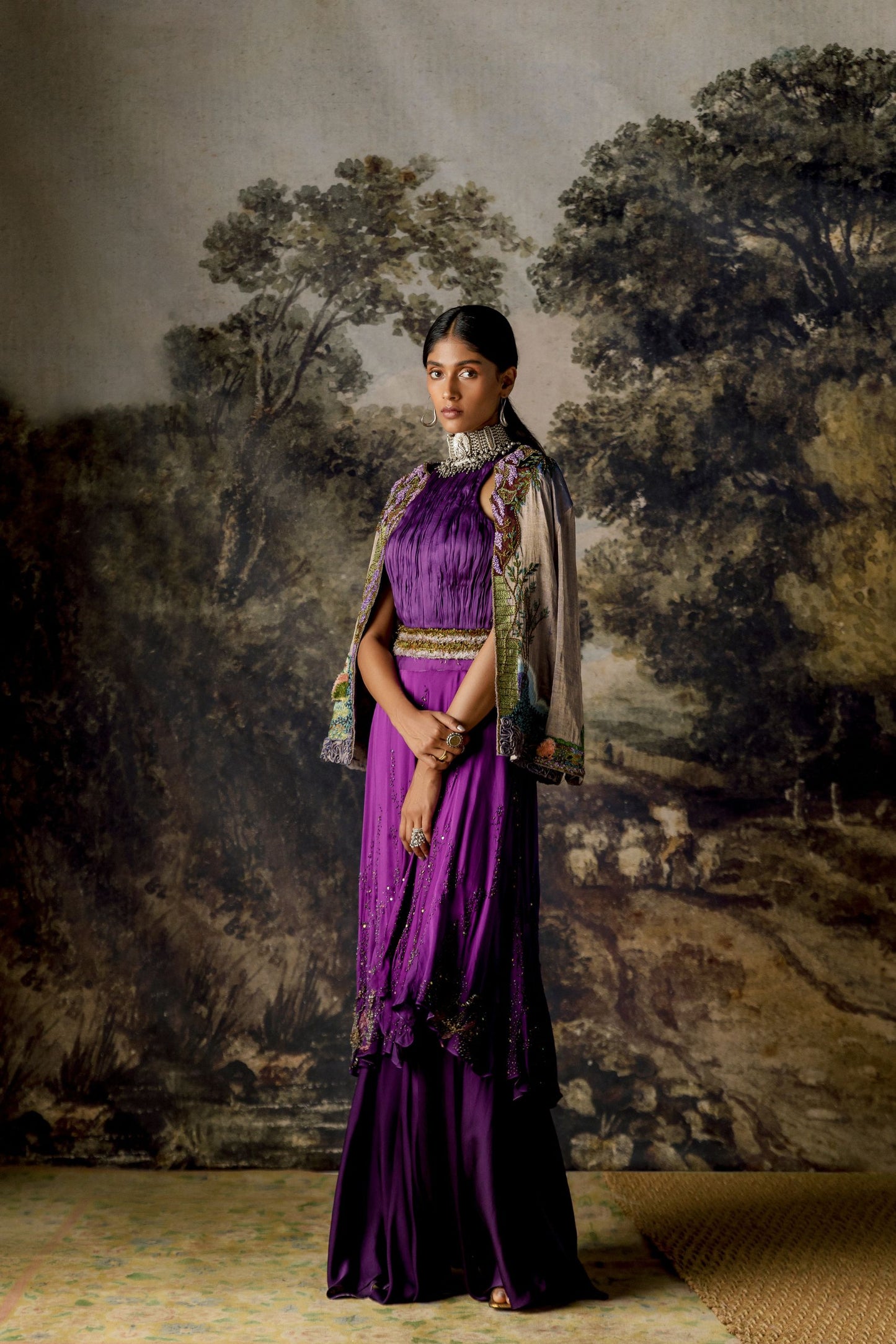 Full view of the Elysian Iris Lehenga Set with a two-tier skirt, ruched top, and embroidered jacket