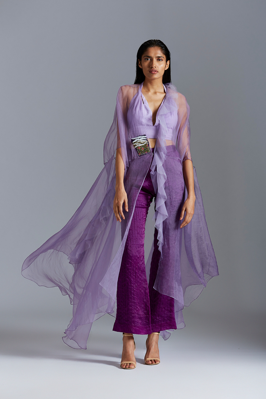 Elegant cape with satin pintuck pants featuring handcrafted embroidery, a stylish designer outfit for women