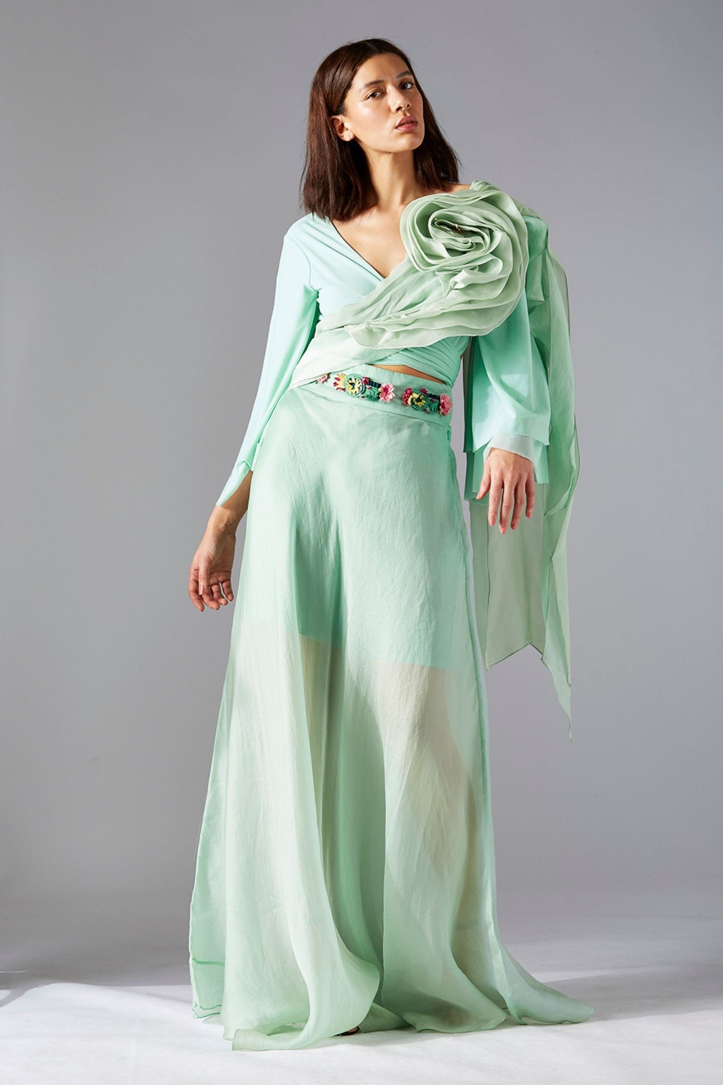 Drape Blouse And A- line Skirt With Rose Stole