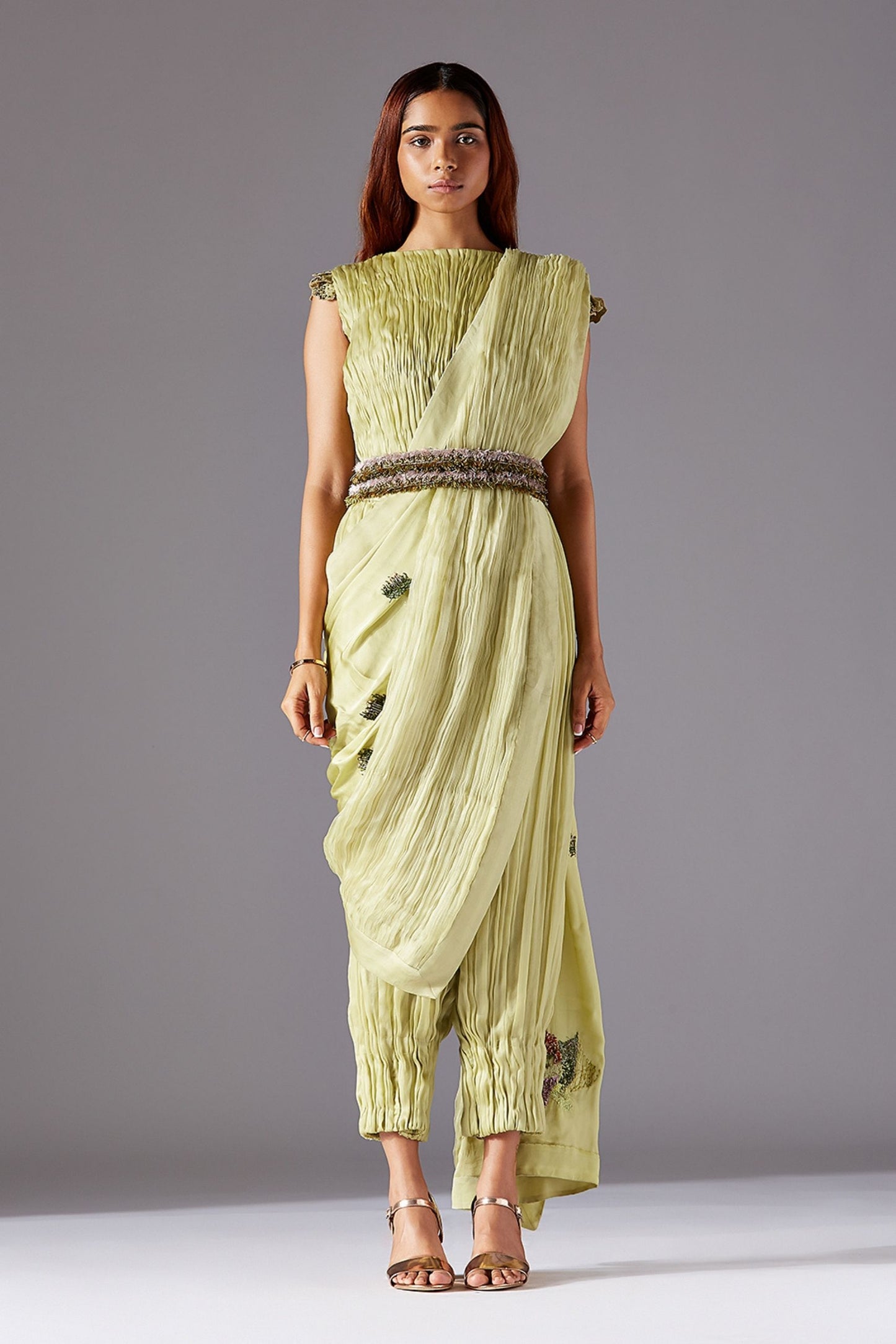 Machair Ruching Top with Machair Ruching Pants, Machair Dupatta and Grass Belt