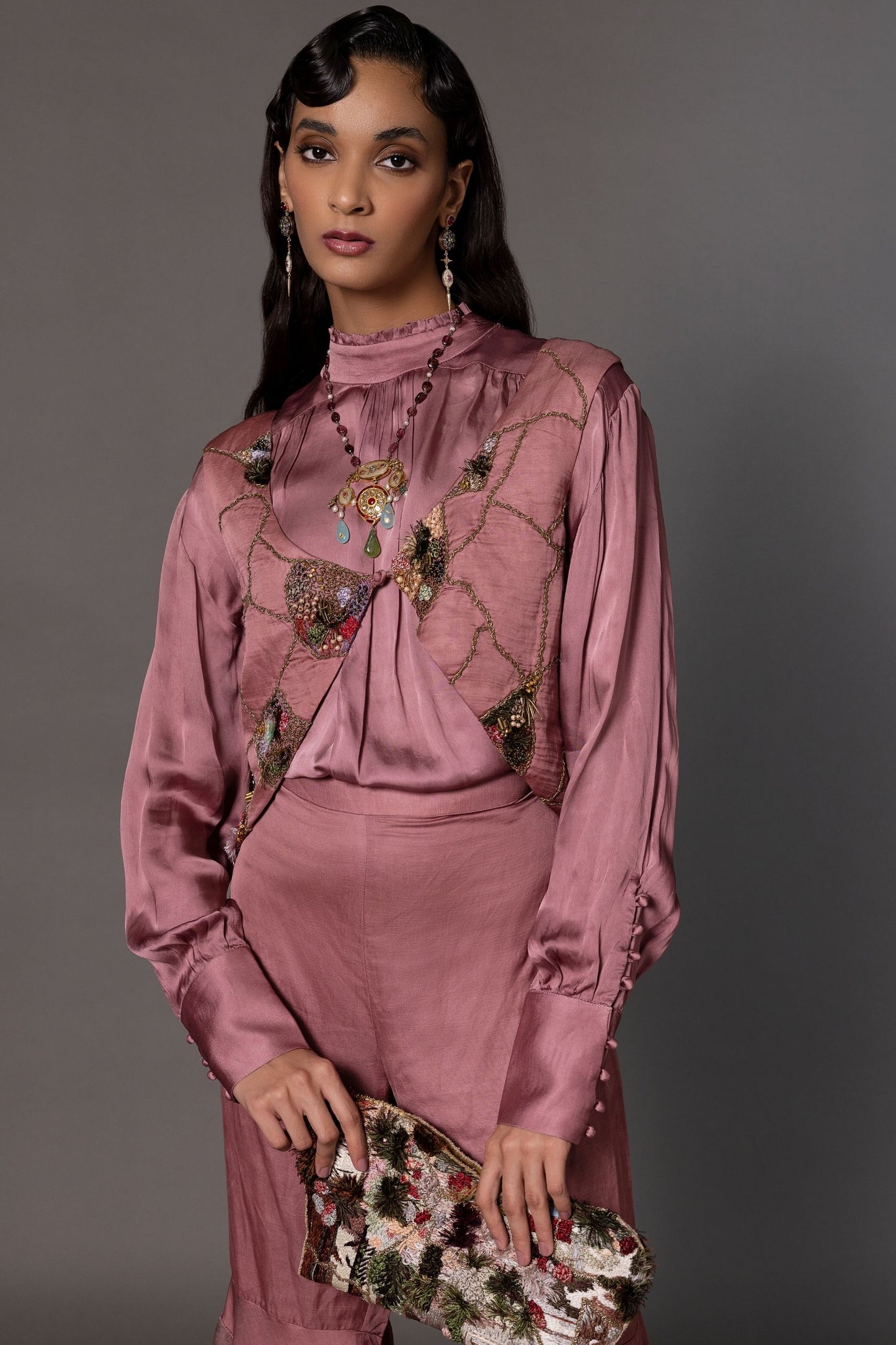 Mesa Pink Jacket, Shirt And Gharara Set