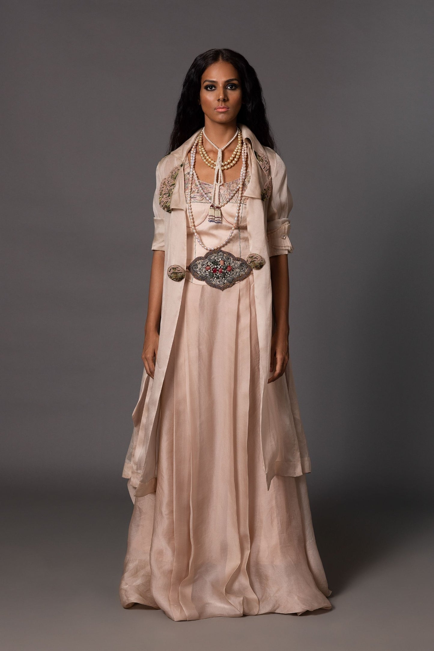 Hour Grey Carpet Jacket & Roma Blush Corset Gown Set - Multi-Color Hand Embroidery with Pleated Drapes for Elegance