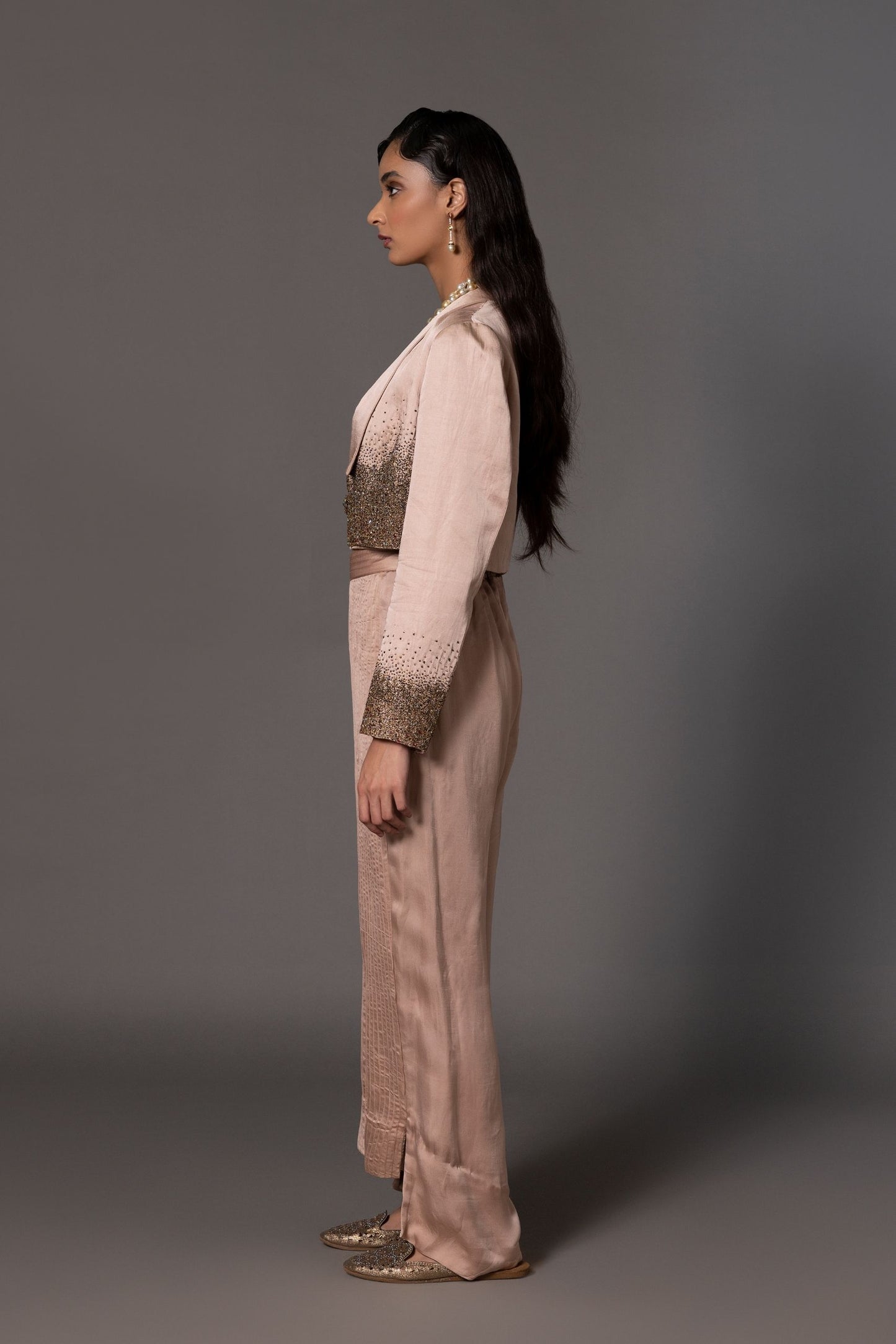 Side View of Short Embroidered Jacket, Corset & Trouser Set - Stylish Design with Color-Blocked Trousers