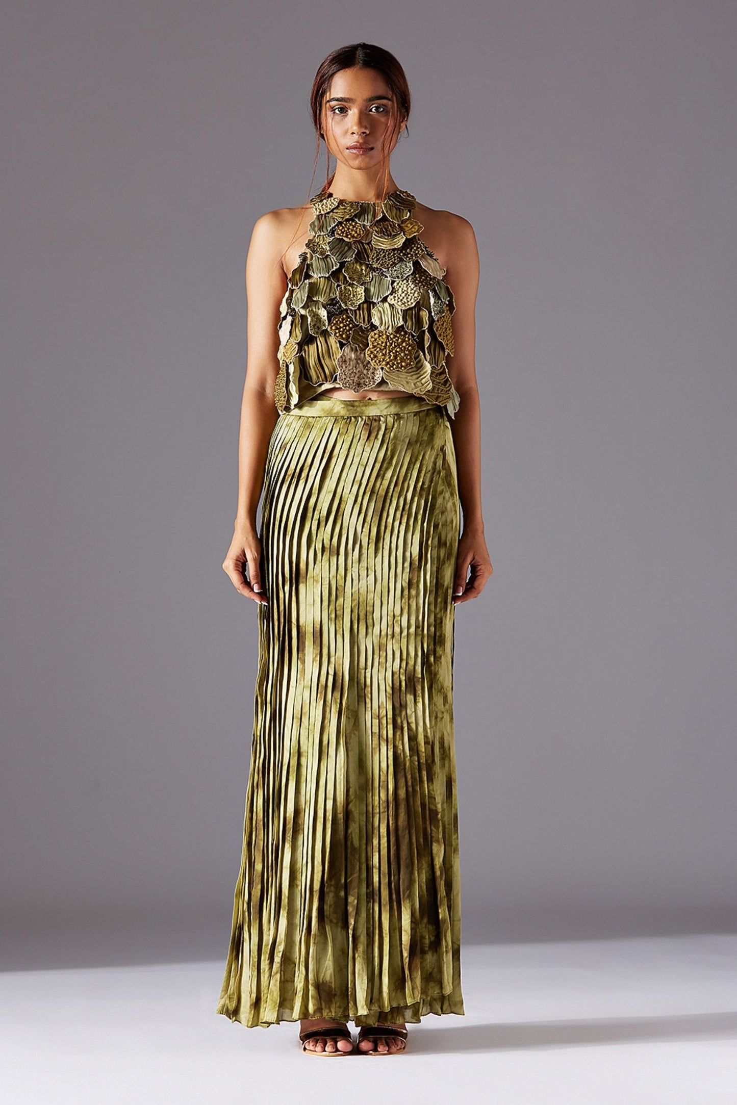 Mima Mounds Top With Marsh-Scapes Pleated Skirt and Living Stole- Dupatta