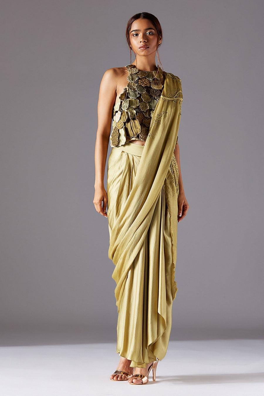 Mima Mounds Top With Draped Dhoti Skirt and Living Stole Dupatta