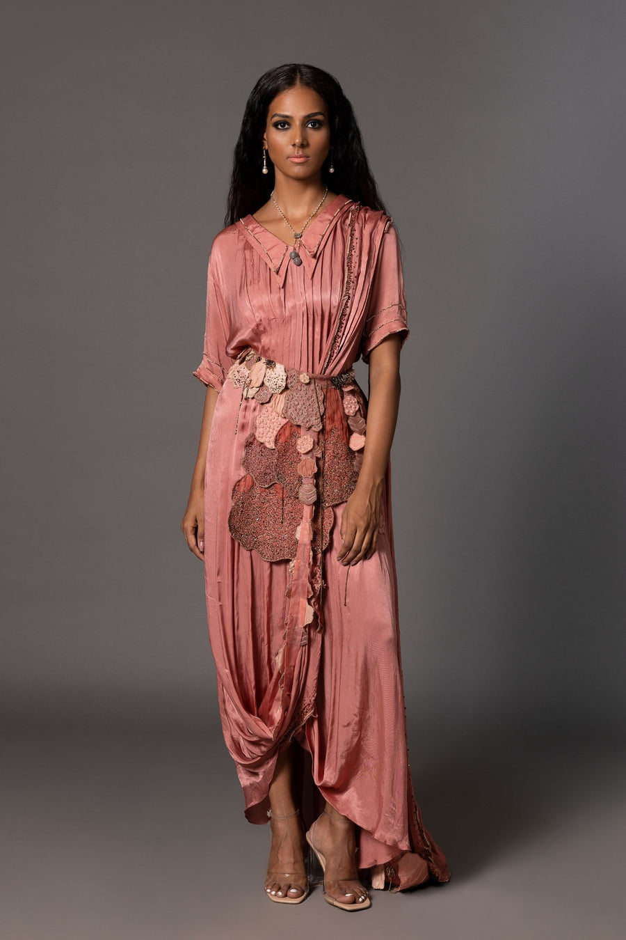 Desert Rose Kaftan Saree with Hand-Embroidered Belt - Elegant Sari with Pleats, Double Collar, and Vibrant Mima Mounds Belt