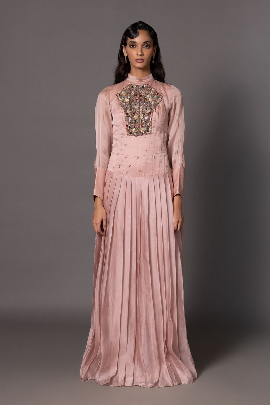 Victorian Pink Gown - Elegant Long Dress with Fitted Belt and Pleated Lower for Women