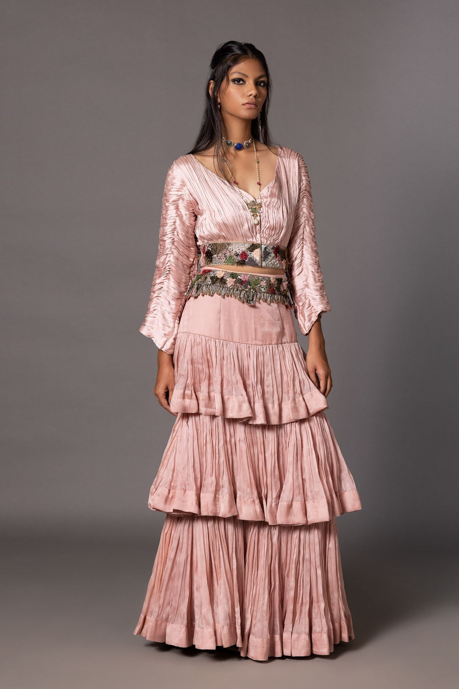 Modern Ruched Blouse and Lehenga Set for Women - Hand-Ruched Blouse with Embroidered Belt and Stylish 3-Tiered Lehenga