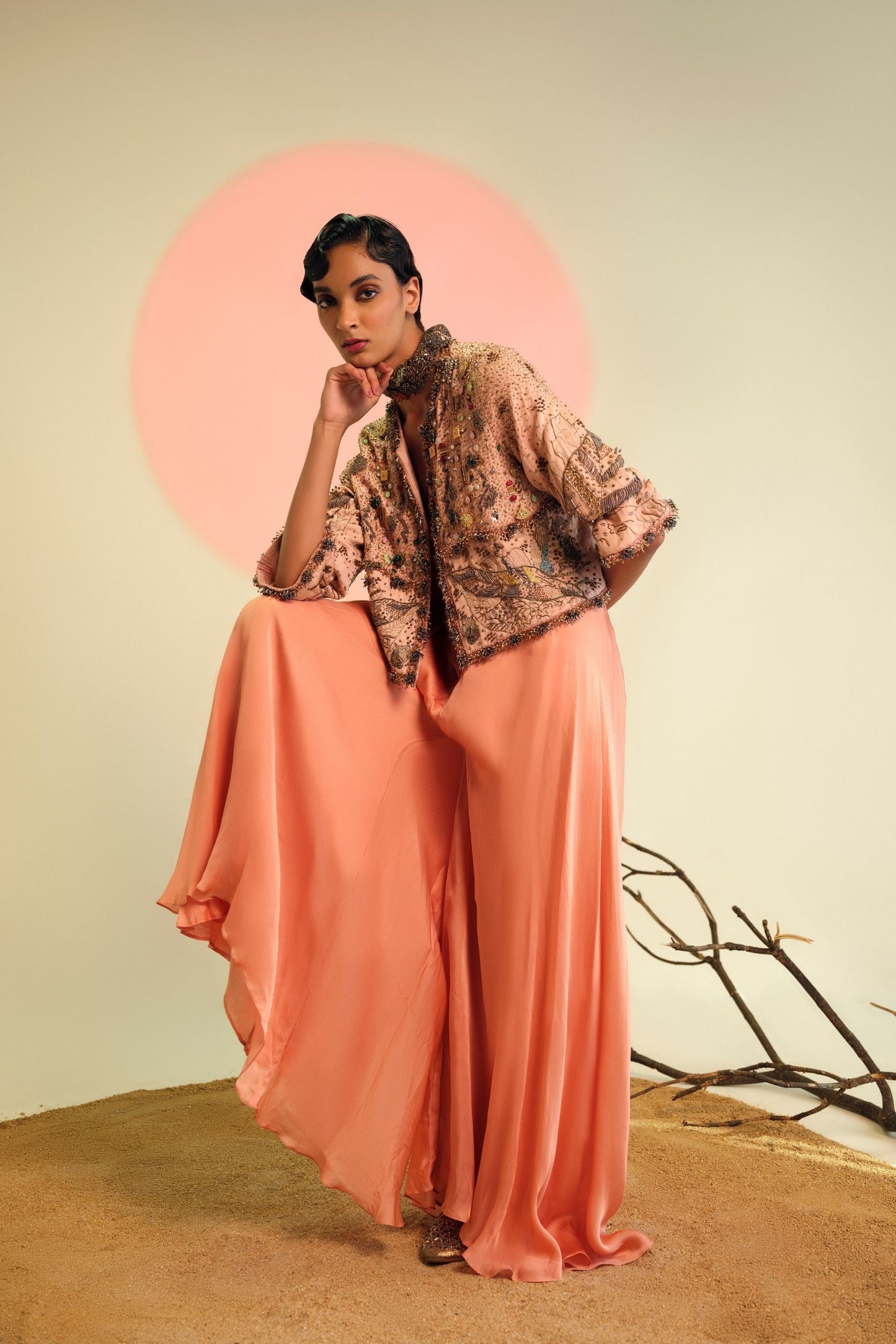 Sang-e-sitara Pink Jacket,Minakari Blouse and Flared Pants Set